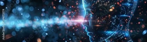 A fictional vision showing an abstract technological AI bot as a threat against human civilisation, communication is visible, abstract technological industry space background