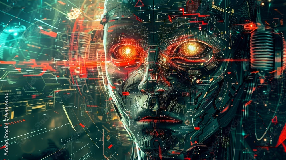 A fictional vision showing an abstract technological AI bot as a threat against human civilisation, communication is visible, abstract technological industry space background A fictional vision showing an abstract technological AI bot as a threat against human civilisation, communication is visible, abstract technological industry space background