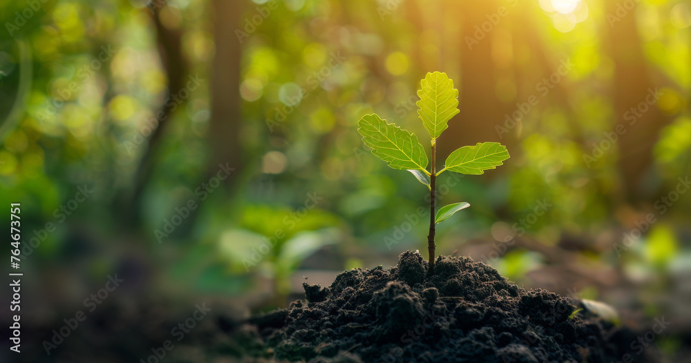 Young Plant Sprout Growing in Soil with Nature Background and Sun Rays, Ecology Concept - obrazy, fototapety, plakaty 