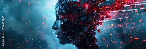A fictional vision showing an abstract technological AI bot as a threat against human civilisation, communication is visible, abstract technological industry space background