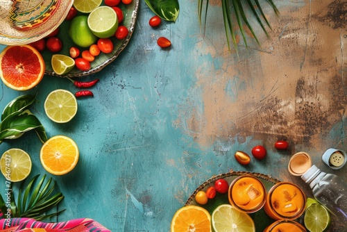 Cinco de Mayo holiday background with party sombrero hat, drinks and citrus. ai generated © dark_blade