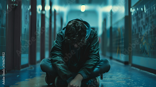 A person sits alone in a dimly lit room, clutching their head in pain, depicting the isolating and challenging experience of a severe headache, picture of an upset unhappy young, Gene