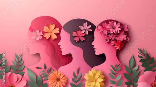 A Happy Women s Day Paper Art Tribute  Women s Day  mother s day banner with cut pink paper revealing spring flowers. Celebrating Women  Pink Paper Banner and Spring Flowers  Generative AI 