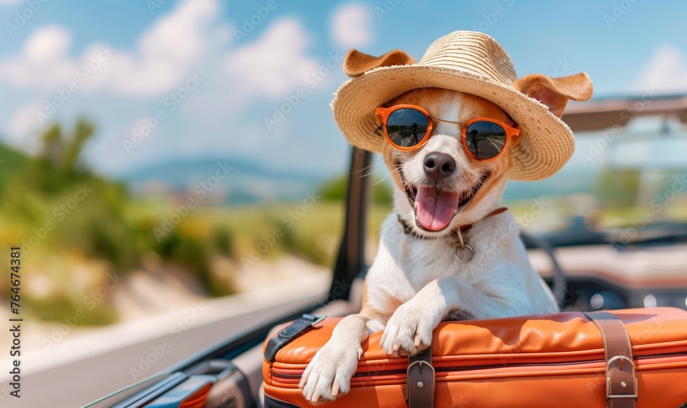 Cute dog goes on a trip by car with suitcases. Concept tourism, vacation. - obrazy, fototapety, plakaty 
