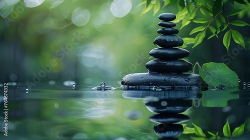 Stacked Black Zen Stones with Green Leaves  Reflection in Water