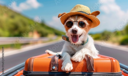 Cute dog goes on a trip by car with suitcases. Concept tourism, vacation. © KDdesignphoto