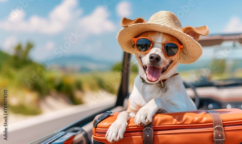 Cute dog goes on a trip by car with suitcases. Concept tourism, vacation. photo