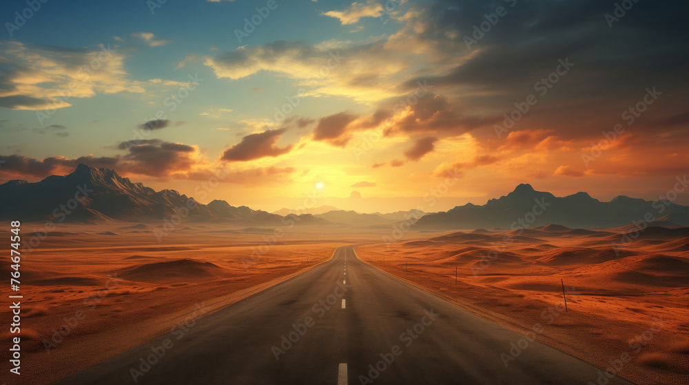 Road with mountains in the background and a sunset in the distance	