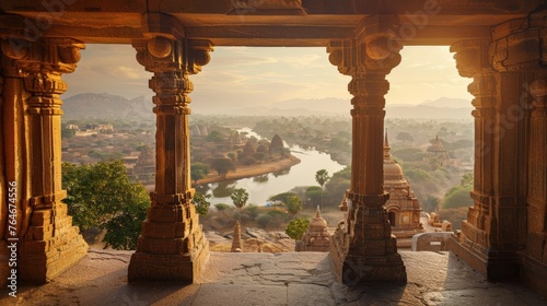 Stunning view at Sree Virupaksha Temple in Hampi on the banks of Tungabhadra River, UNESCO World Heritage Site, Karnataka, India. Indian tourism