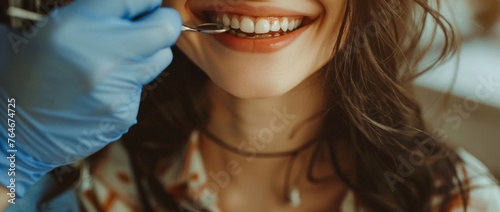 Close-Up of Woman Smiling in Dentist Chair with Female Doctor Examining Teeth