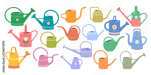 Large set of garden watering cans for watering indoor plants on balcony, terrace, farm of various shapes, sizes, designs, colors. Сute vector illustration on white isolated background in flat style. photo