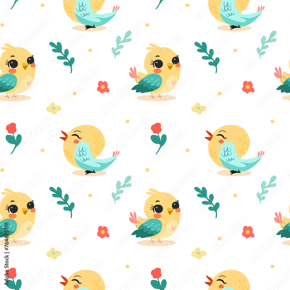 Spring birds pattern in bright color with big eyes. On light background for postcards, banners, backgrounds. Vector illustration.