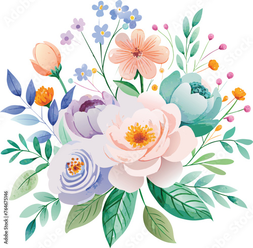 Watercolor Beautiful vector floral bouquet with peonies and wildflowers 