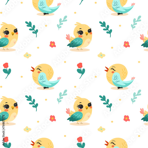 Spring birds pattern in bright color with big eyes. On light background for postcards  banners  backgrounds. Vector illustration.