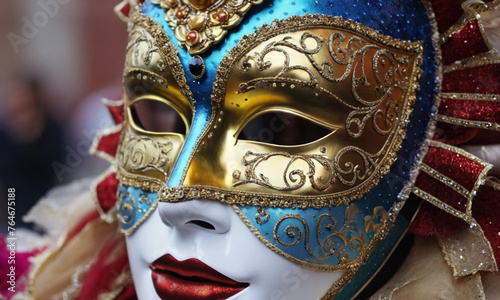 A person wearing an ornate Venetian mask and costume, with the iconic canals of Venice and gondolas in the background. The mask is adorned with red feathers, gold trim, and gemstones.