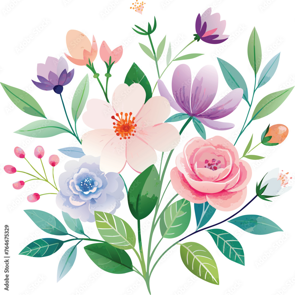 Beautiful floral bouquet with different flowers and leaves. Vector illustration.