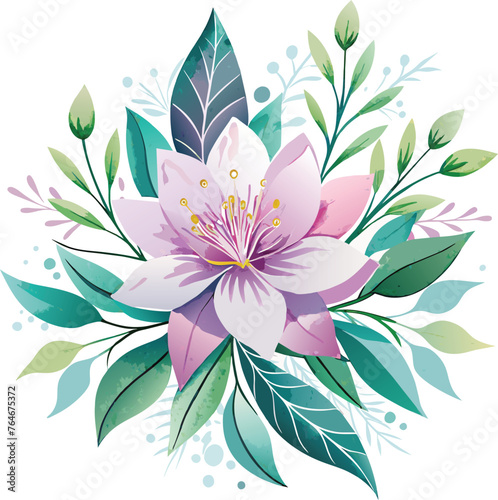 Beautiful watercolor floral bouquet with pink flowers and green leaves. Vector illustration.