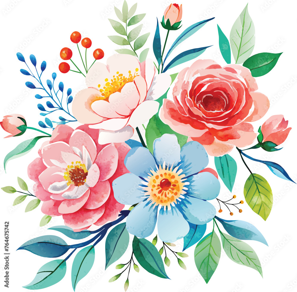 Watercolor floral bouquet with roses, leaves and berries. Vector illustration.