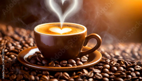 Close-up of a brown cup of steaming espresso with heart shaped coffee, above a large group of roasted coffee beans with copy space. Generative Ai.