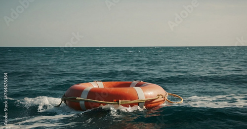 A red and white striped lifebuoy floating on the wavy surface of a vast, open sea under a clear sky. It conveys a sense of isolation or emergency at sea.