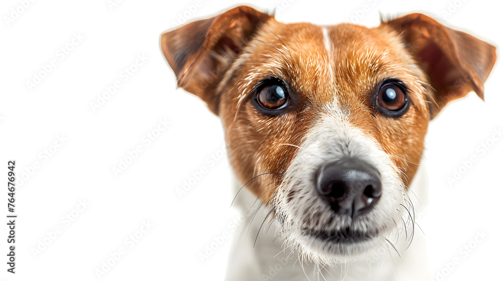 Fawn Dog breed with white whiskers and collar gazes at camera on white backdrop