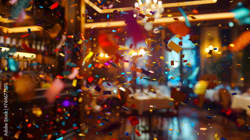 Colorful confetti flying in the restaurant