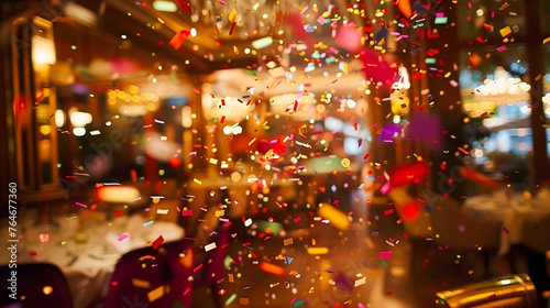 Colorful confetti flying in the restaurant
