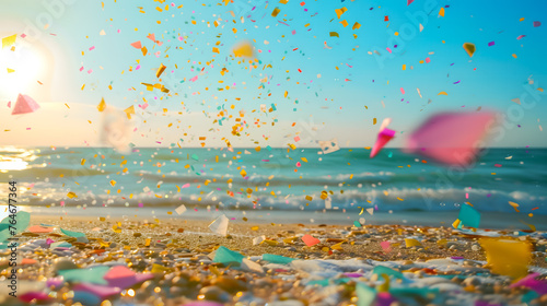 Colorful confetti flying on the beach background