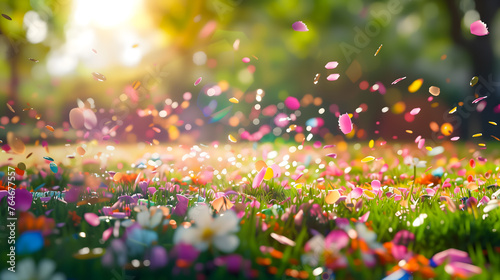 Colorful petals falling on the green grass © DimaSabaka