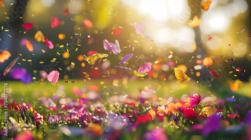 Colorful petals falling on the green grass