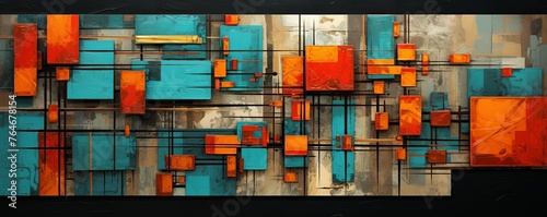 Cyan and red painting, in the style of orange and beige, luxurious geometry, puzzle-like pieces