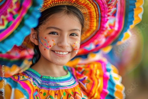 Latin girl in Traditional Mexican Dress Dancing at parade or cultural Festival in Mexico Latin America, ai generated © dark_blade