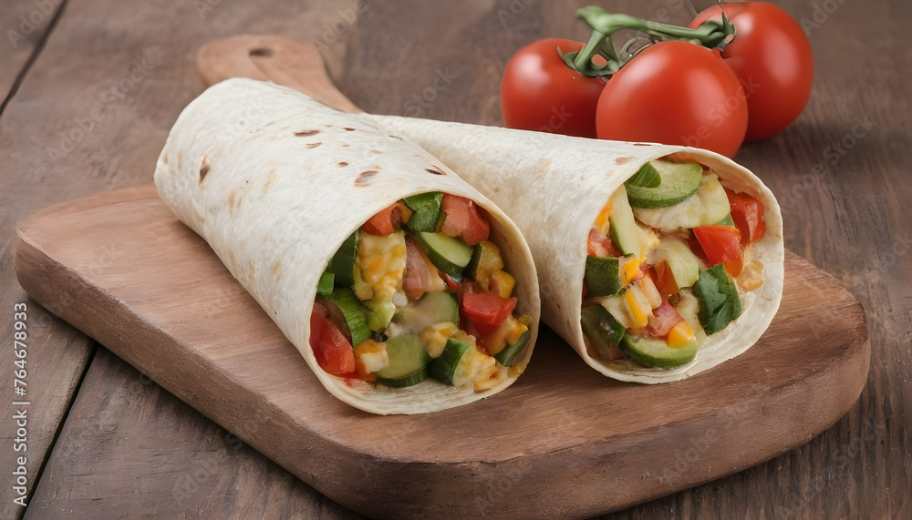 burrito with vegetables and tortilla on a wooden table burrito with vegetables and tortilla on a wooden table