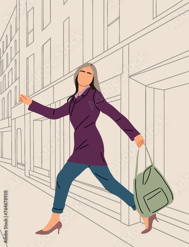 Business woman walking side view along city street for shopping. Pretty girl in casual clothes with big hand bag. Modern megapolis panorama beige background with outline drawing of buildings vector.