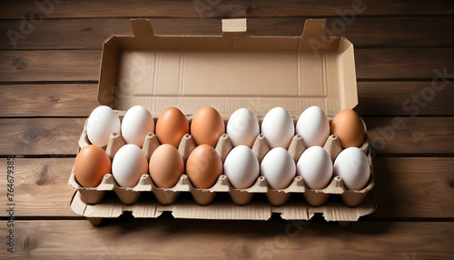 Dozen eggs in a cardboard box on a woodwn background