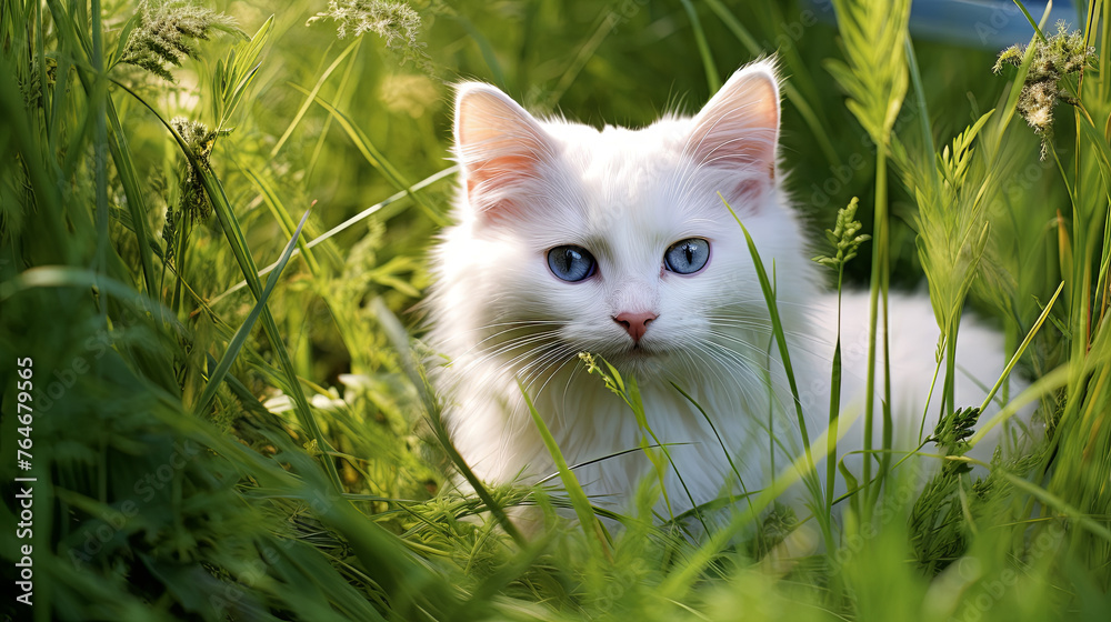 A white cat with emerald green eyes relaxes in the lush green grass A white cat with emerald green eyes relaxes in the lush green grass