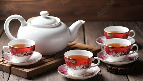 Teapot and Teacups on wooden background