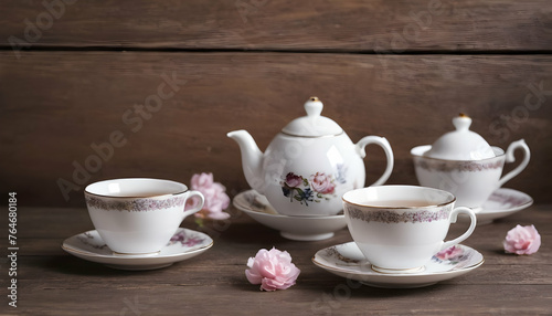 Teapot and Teacups on wooden background