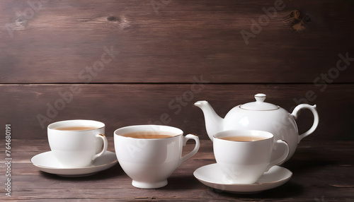 Teapot and Teacups on wooden background