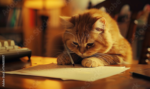 a cute exotic short hair cat is writing a letter  photo