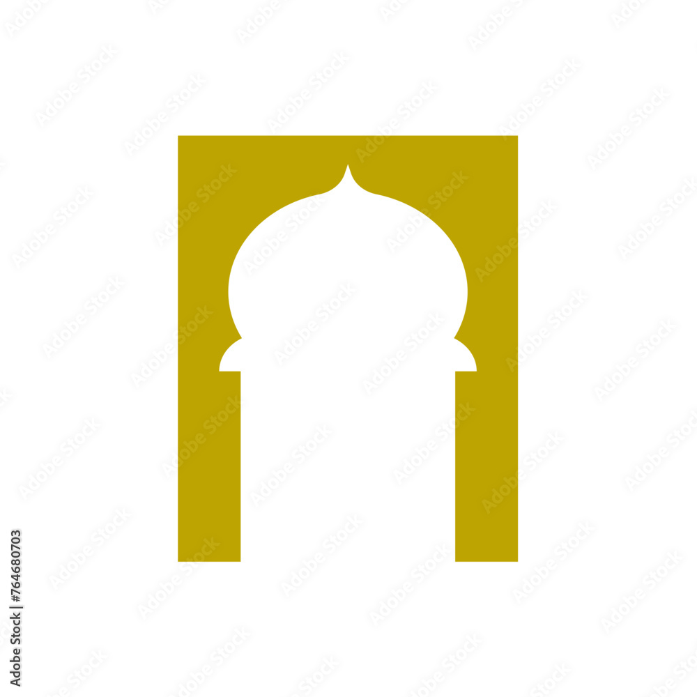 Obraz premium Arabic vector window template icon. Oriental gold silhouette door design. Simple geometric mosque dome frame. Collection of different Arabic style architectural vector shapes.