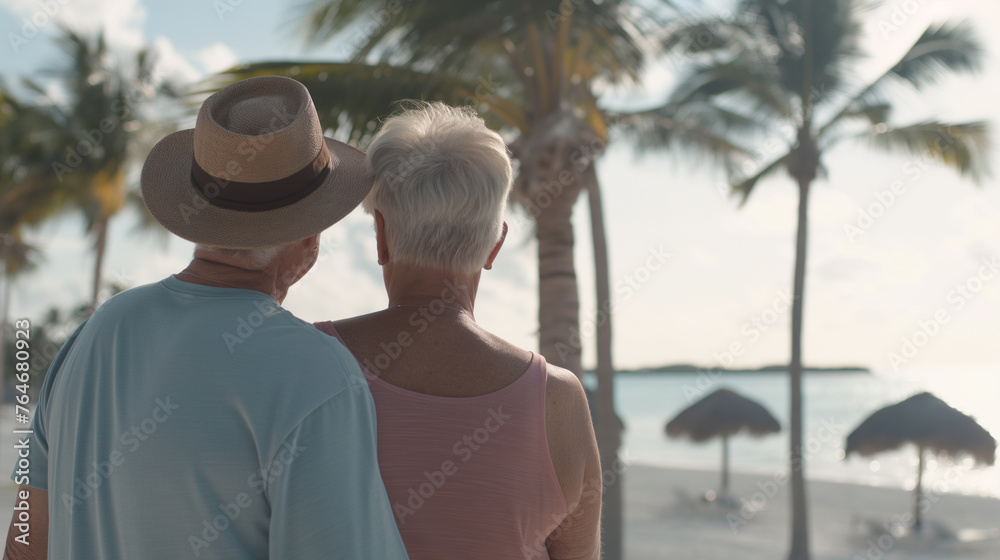 Retirement Vacation Concept, Happy Mature Retired Couple Enjoying. 