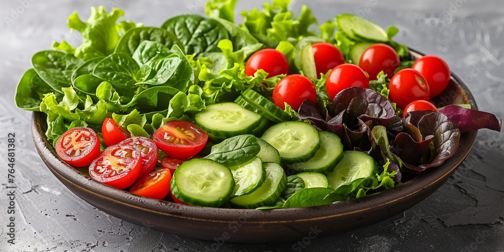 An organic vegetable salad brimming with fresh lettuce, cucumber, and tomatoes. An organic vegetable salad brimming with fresh lettuce, cucumber, and tomatoes.