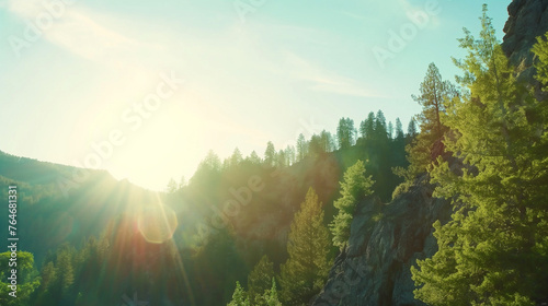 Mountain Summer Landscape Canyon Sunlight Evergreen Trees Rocky Steep Slopes Skyline. Landscape photograpy photo