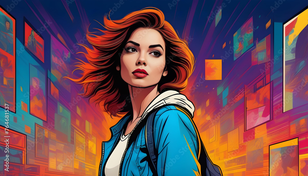 A comic book style illustration of a woman with short hair wearing hoddie