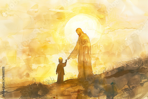 Jesus Holding a child's hand, takes child with him, forgive and bless him In the sunrise rays, watercolor painting in warm gold colors photo