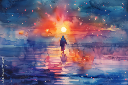 Jesus walks on water at sunrise rays. Watercolor painting illustration