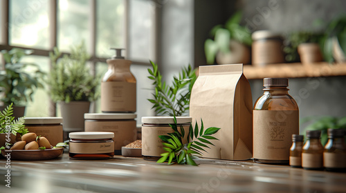 still life of various blank containers and packages for different herbal products, mockup 