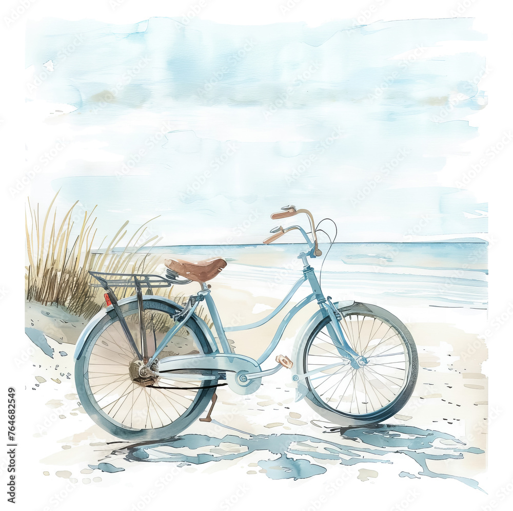 Watercolor beach cruiser bicycle by the sea