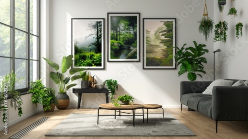 Framed nature pictures on wall with plants in light room © boba